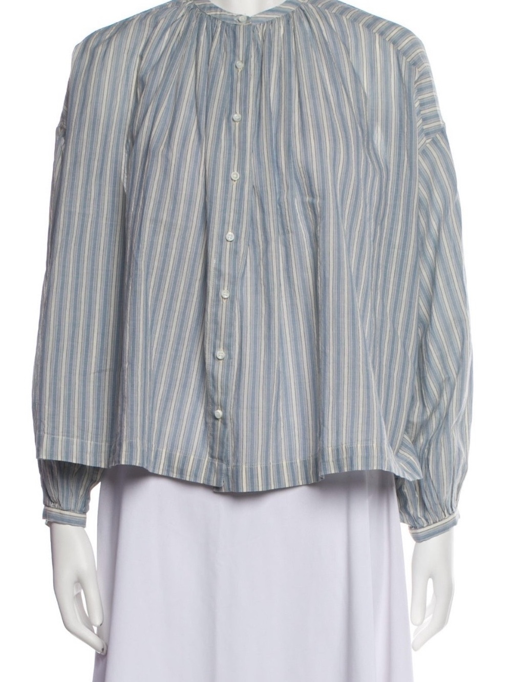 Doen Light Blue and White Striped Cotton Button-Up Blouse